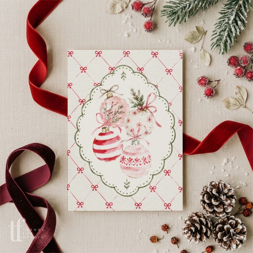 Christmas Business Thank You Card Canva Template | Coquette Watercolor Ornaments Holiday Insert