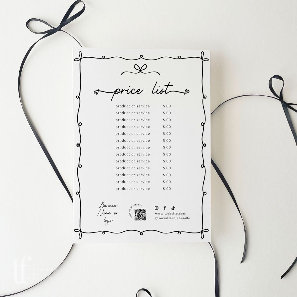 Price List Menu Canva Template | Whimsical Coquette | Thea - Trendy Fox Studio
