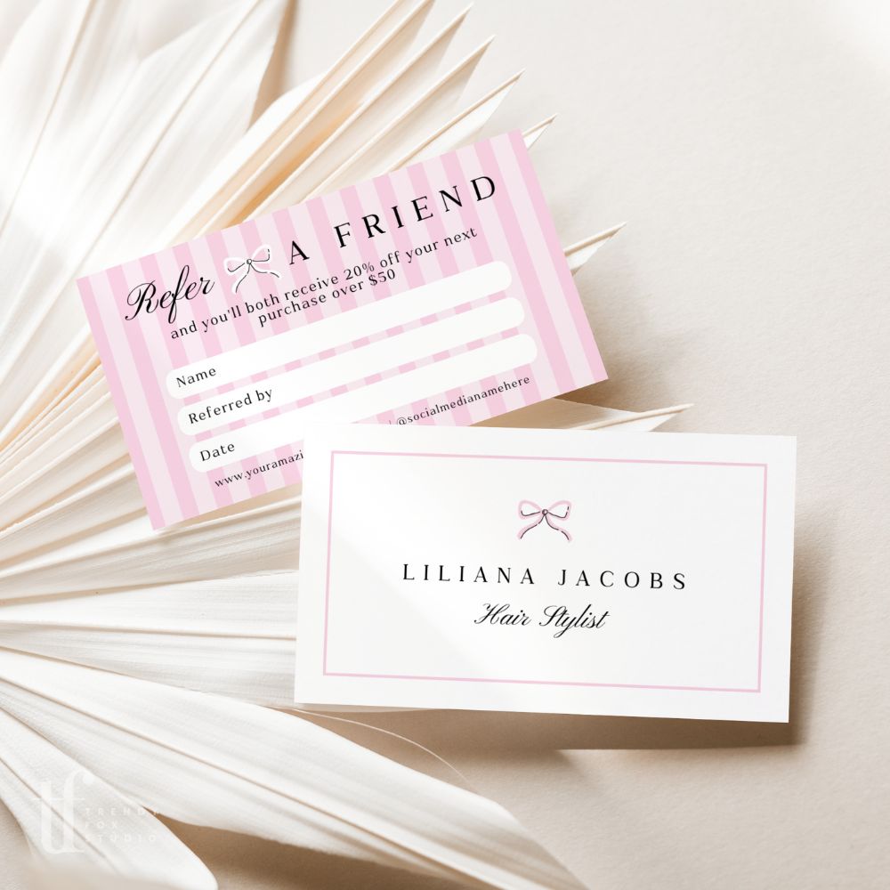 Refer A Friend Discount Card Canva Template | Striped Coquette | Brit - Trendy Fox Studio