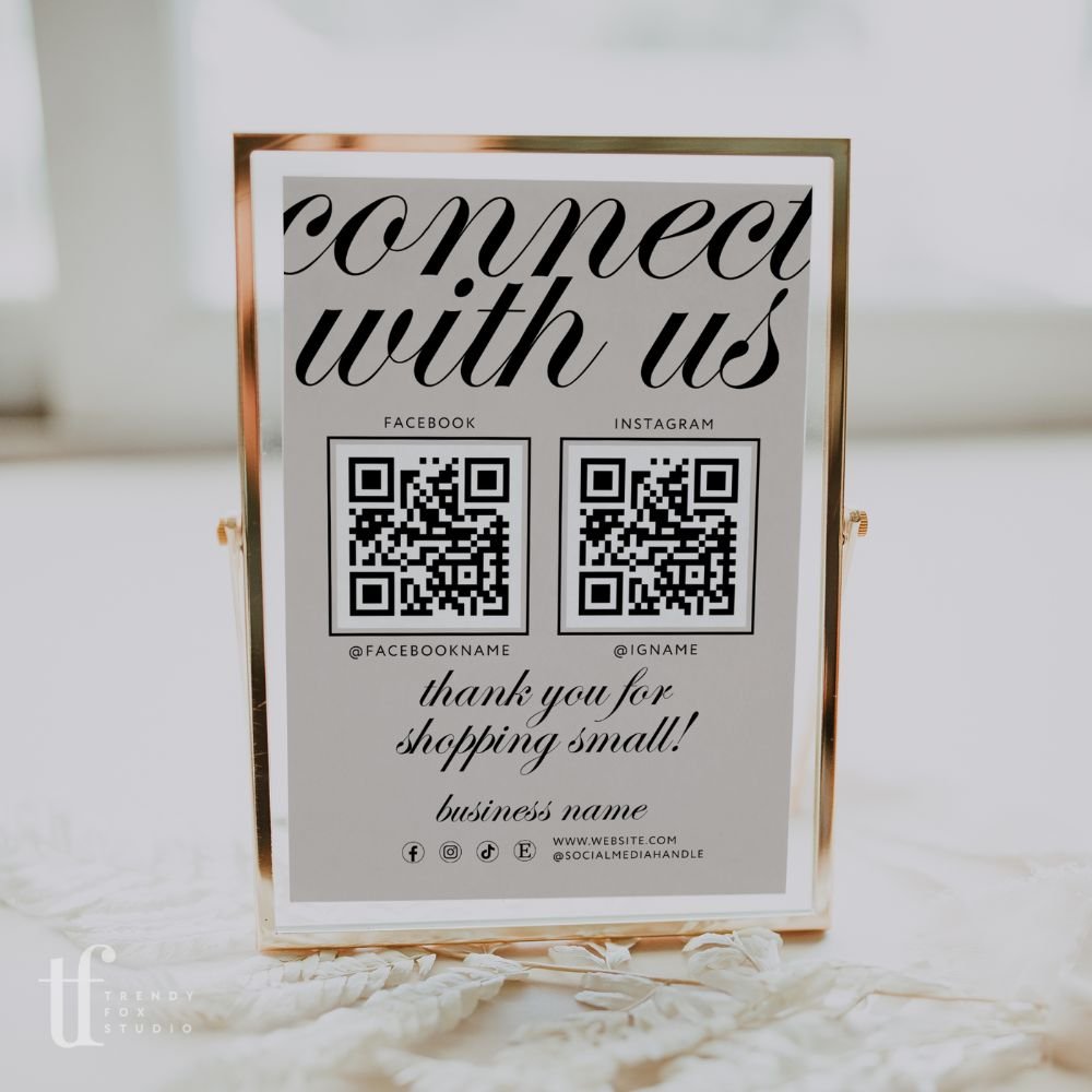 Connect With Us QR Code Social Media Sign Canva Template | Modern Luxe | Wynn - Trendy Fox Studio