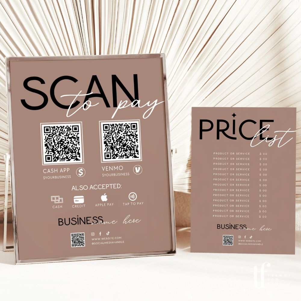 Scan to Pay Sign &amp; Price List Sign | 2 QR Code | Canva Template | Lyra - Trendy Fox Studio