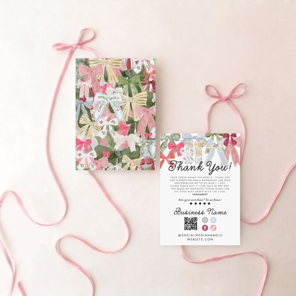 Christmas Business Thank You Card Canva Template | Coquette Bows Holiday Insert
