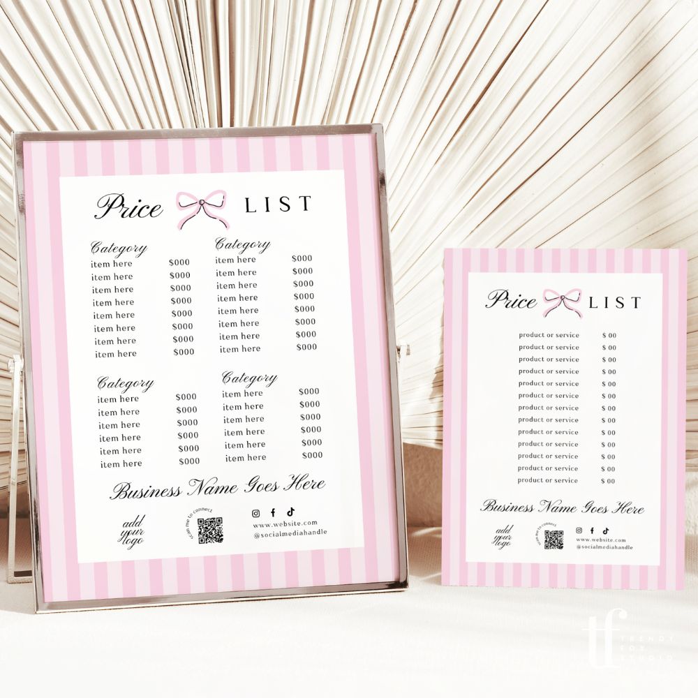 Price List Menu Canva Template | Coquette Stripes | Brit - Trendy Fox Studio