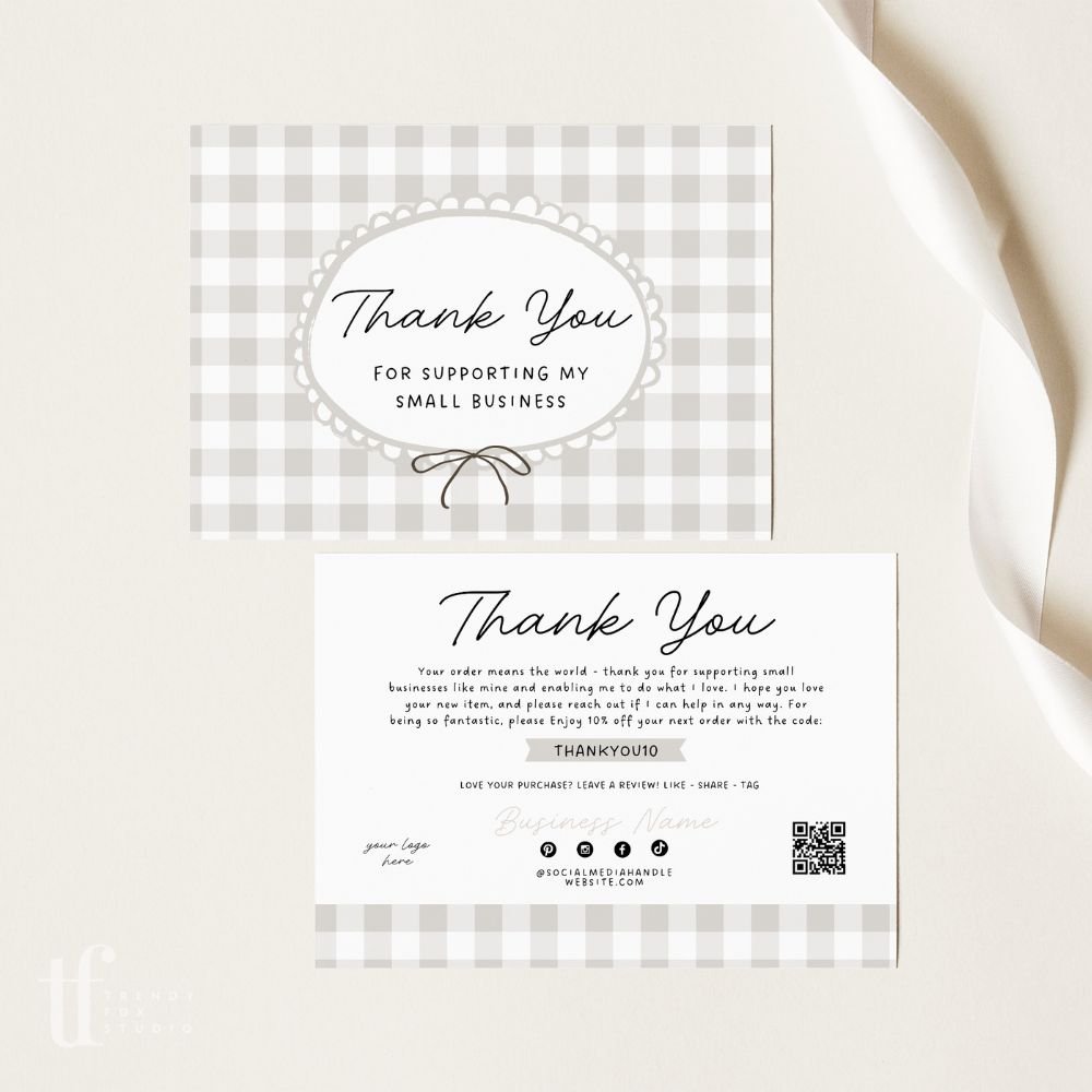 Business Thank You Card Canva Template | Cottagecore Neutral Gingham | Lula - Trendy Fox Studio