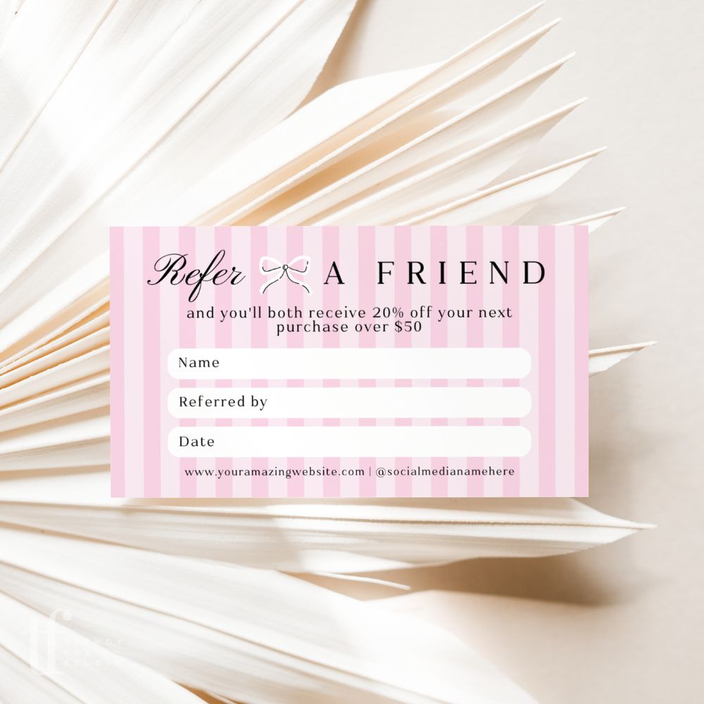 Refer A Friend Discount Card Canva Template | Striped Coquette | Brit - Trendy Fox Studio
