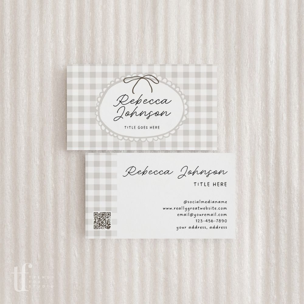 Business Card Canva Template with QR Code | Cottagecore Gingham | Lula - Trendy Fox Studio