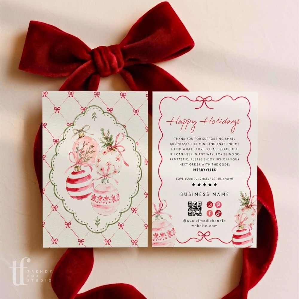 Christmas Business Thank You Card Canva Template | Coquette Watercolor Ornaments Holiday Insert