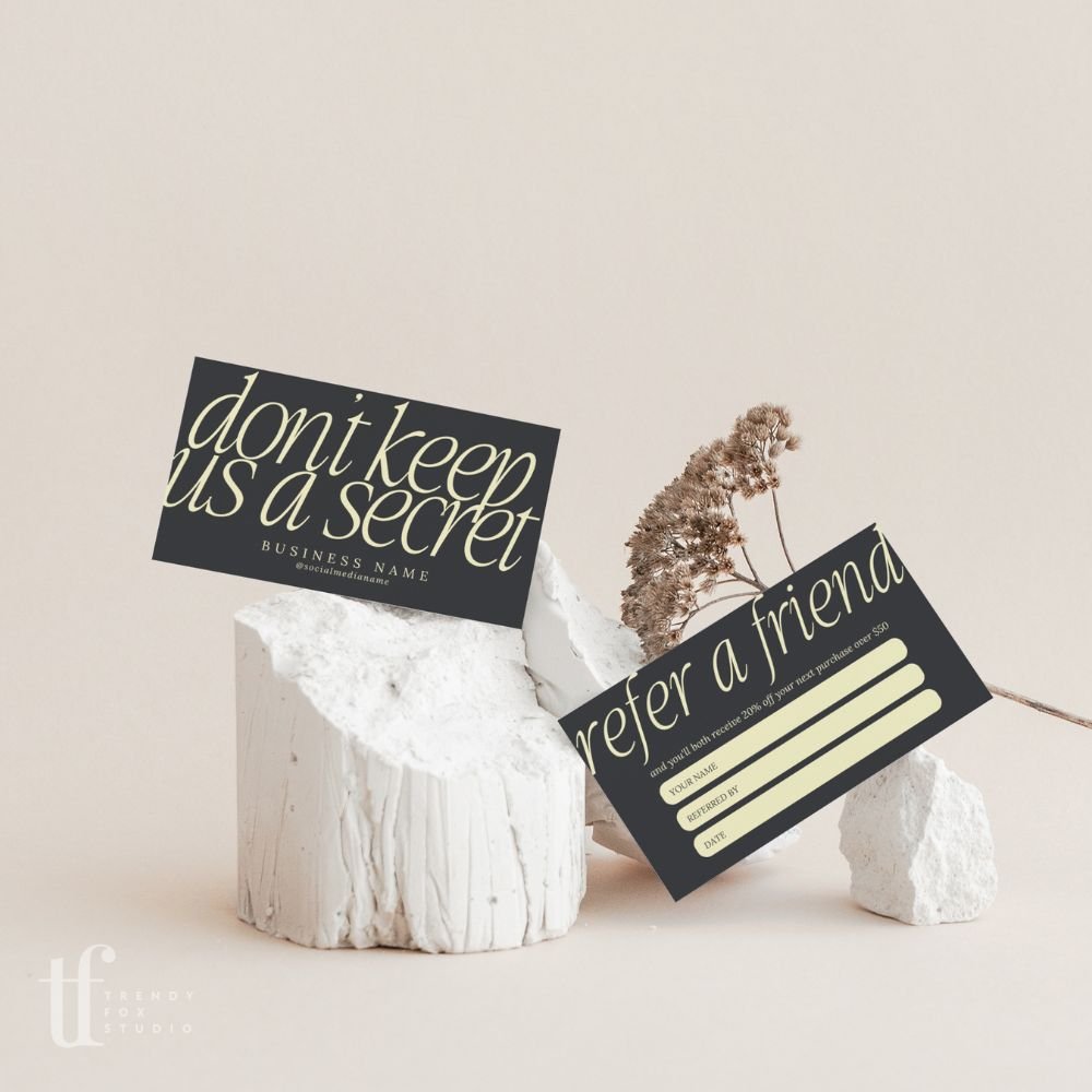 Refer A Friend Discount Card Canva Template | Luxe Black | Nysa - Trendy Fox Studio