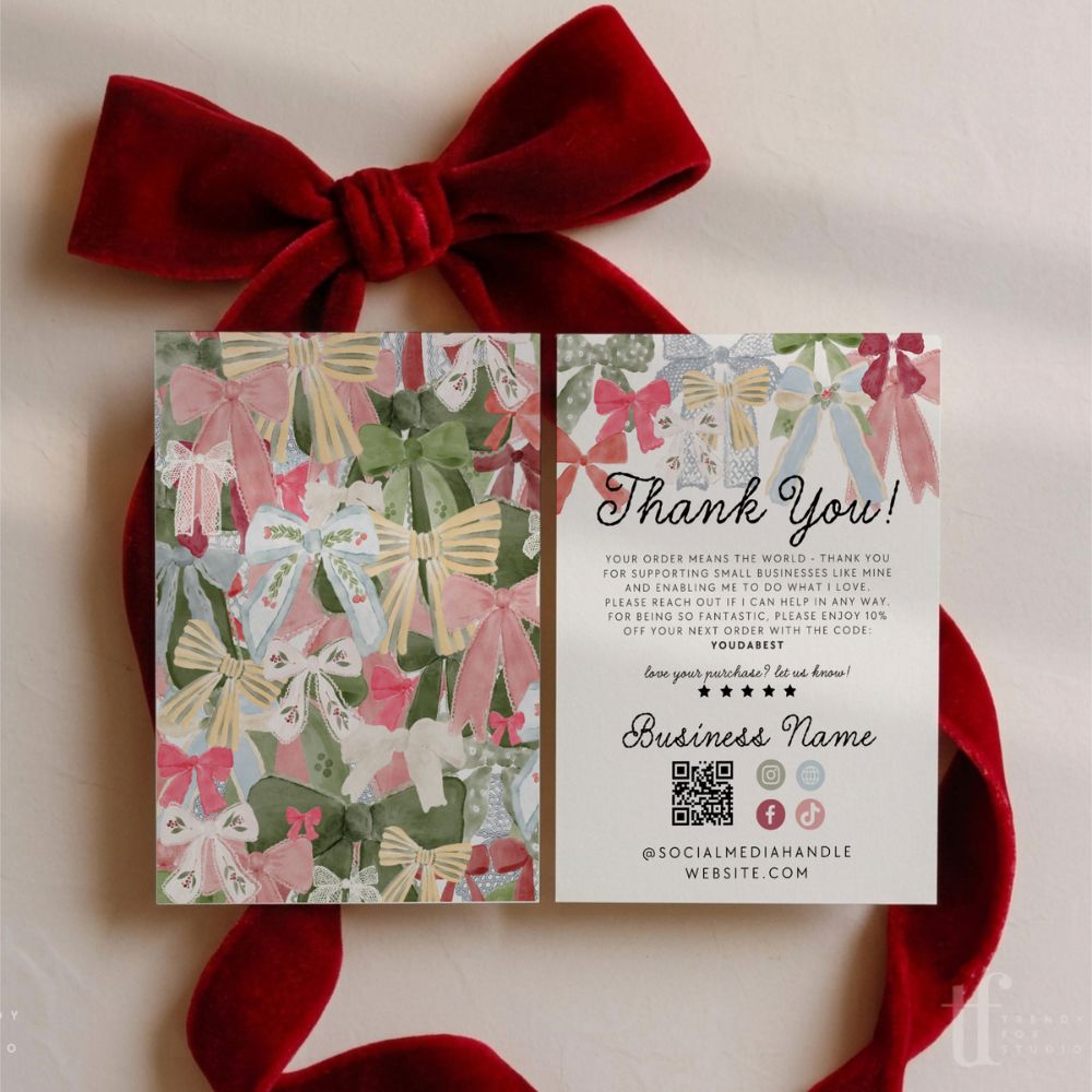 Christmas Business Thank You Card Canva Template | Coquette Bows Holiday Insert