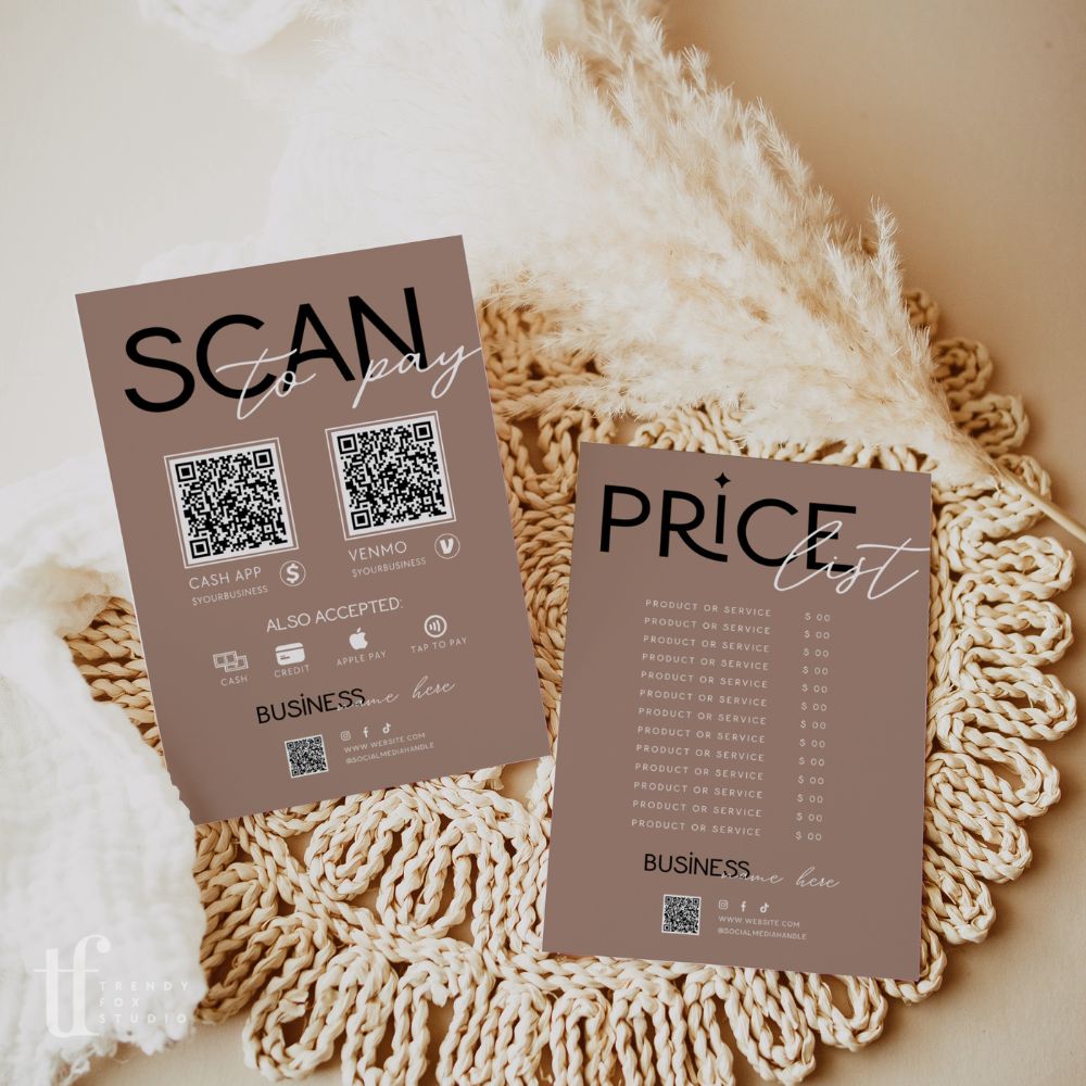 Scan to Pay Sign &amp; Price List Sign | 2 QR Code | Canva Template | Lyra - Trendy Fox Studio