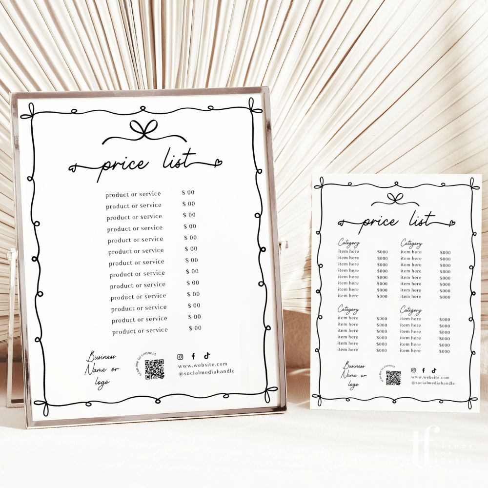 Price List Menu Canva Template | Whimsical Coquette | Thea - Trendy Fox Studio
