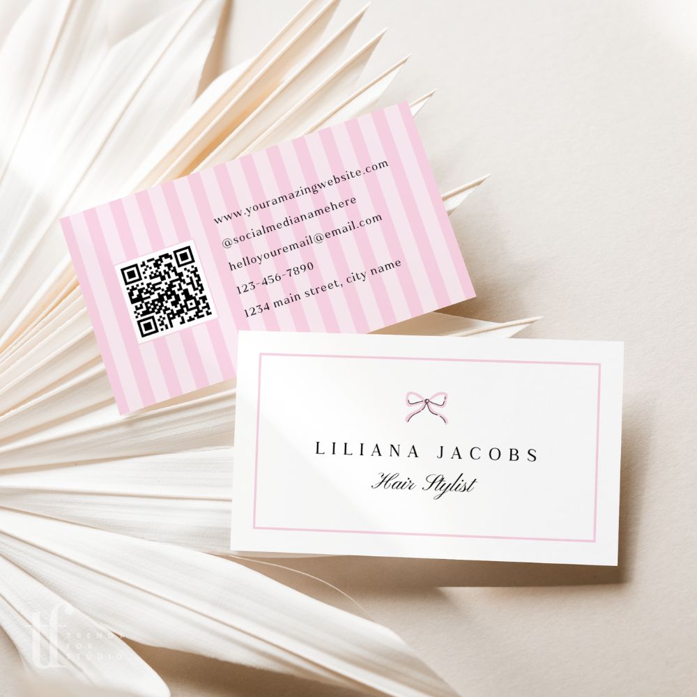 Business Card Canva Template with QR Code | Coquette Stripes | Brit - Trendy Fox Studio