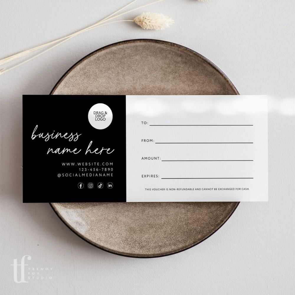 Gift Certificate Canva Template | Modern Black Boho | Inez - Trendy Fox Studio