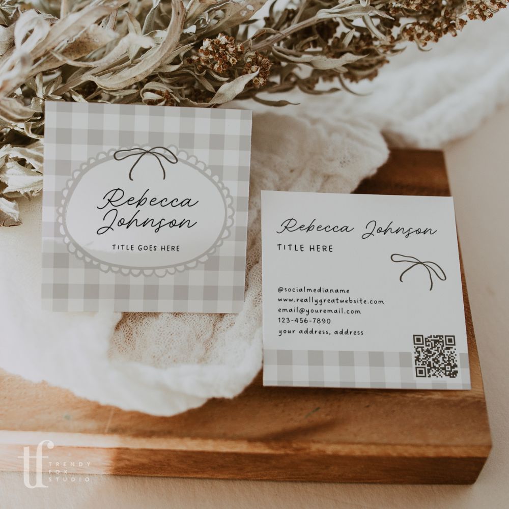 Square Business Card Canva Template with QR Code | Cottagecore Gingham | Lula - Trendy Fox Studio