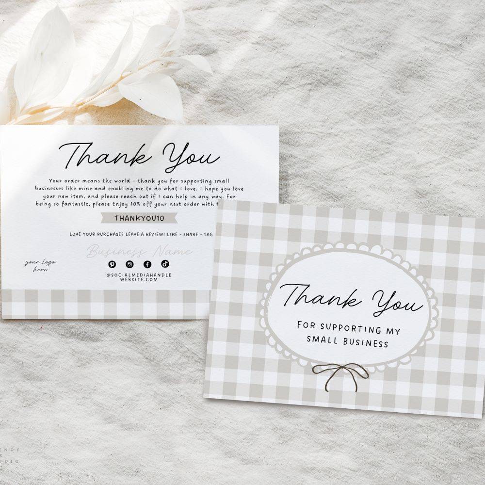 Business Thank You Card Canva Template | Cottagecore Neutral Gingham | Lula - Trendy Fox Studio