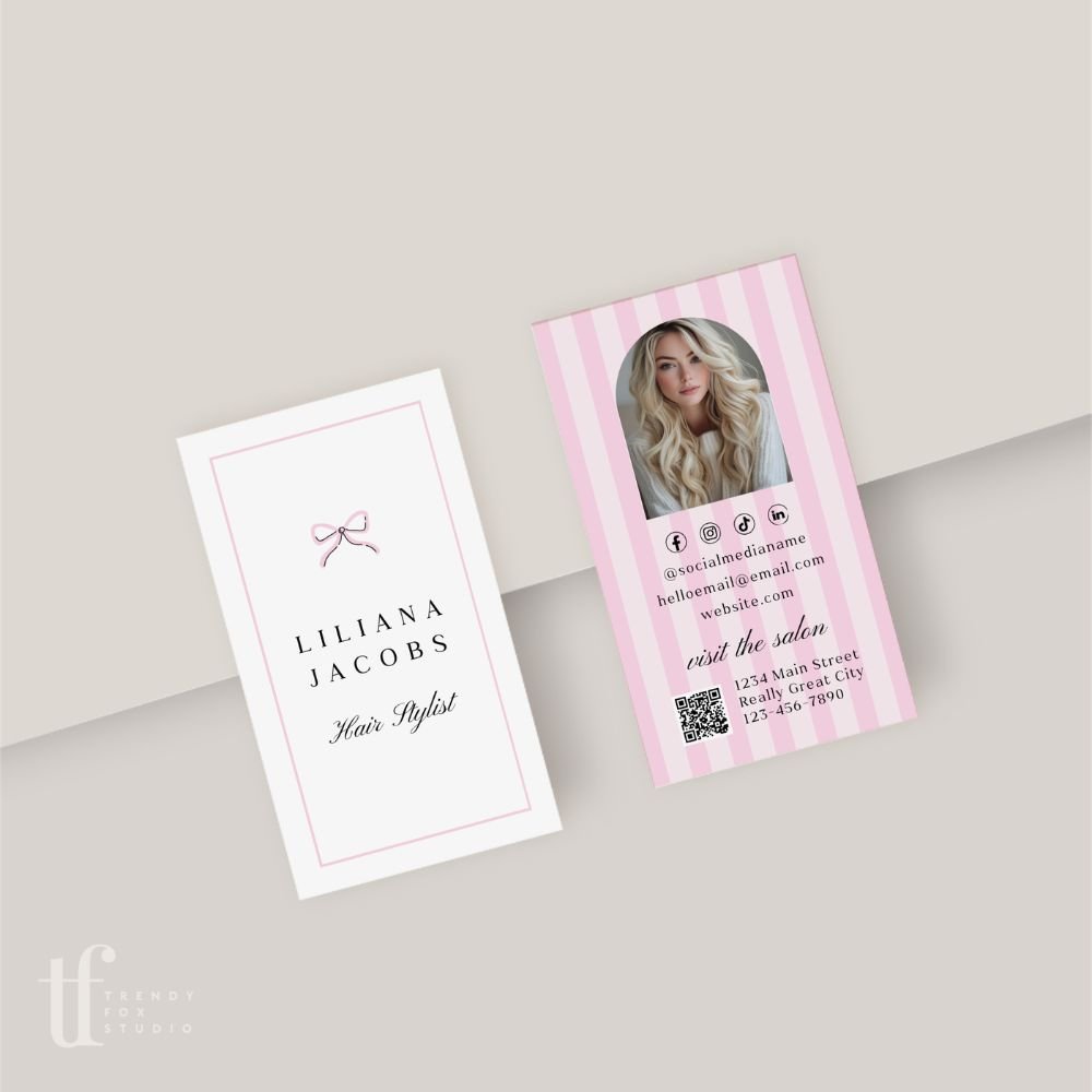 Business Card Canva Template with Photo & QR Code | Coquette Stripes | Brit - Trendy Fox Studio