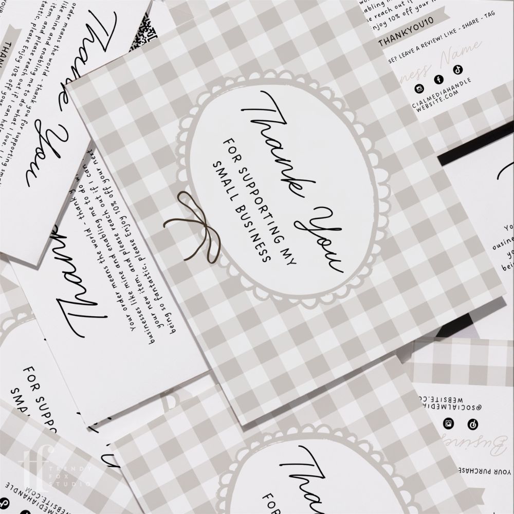 Business Thank You Card Canva Template | Cottagecore Neutral Gingham | Lula - Trendy Fox Studio