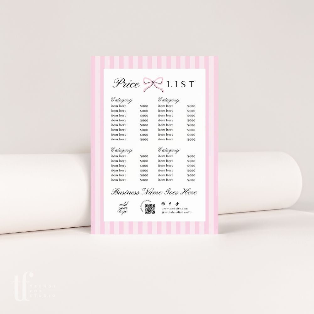 Price List Menu Canva Template | Coquette Stripes | Brit - Trendy Fox Studio
