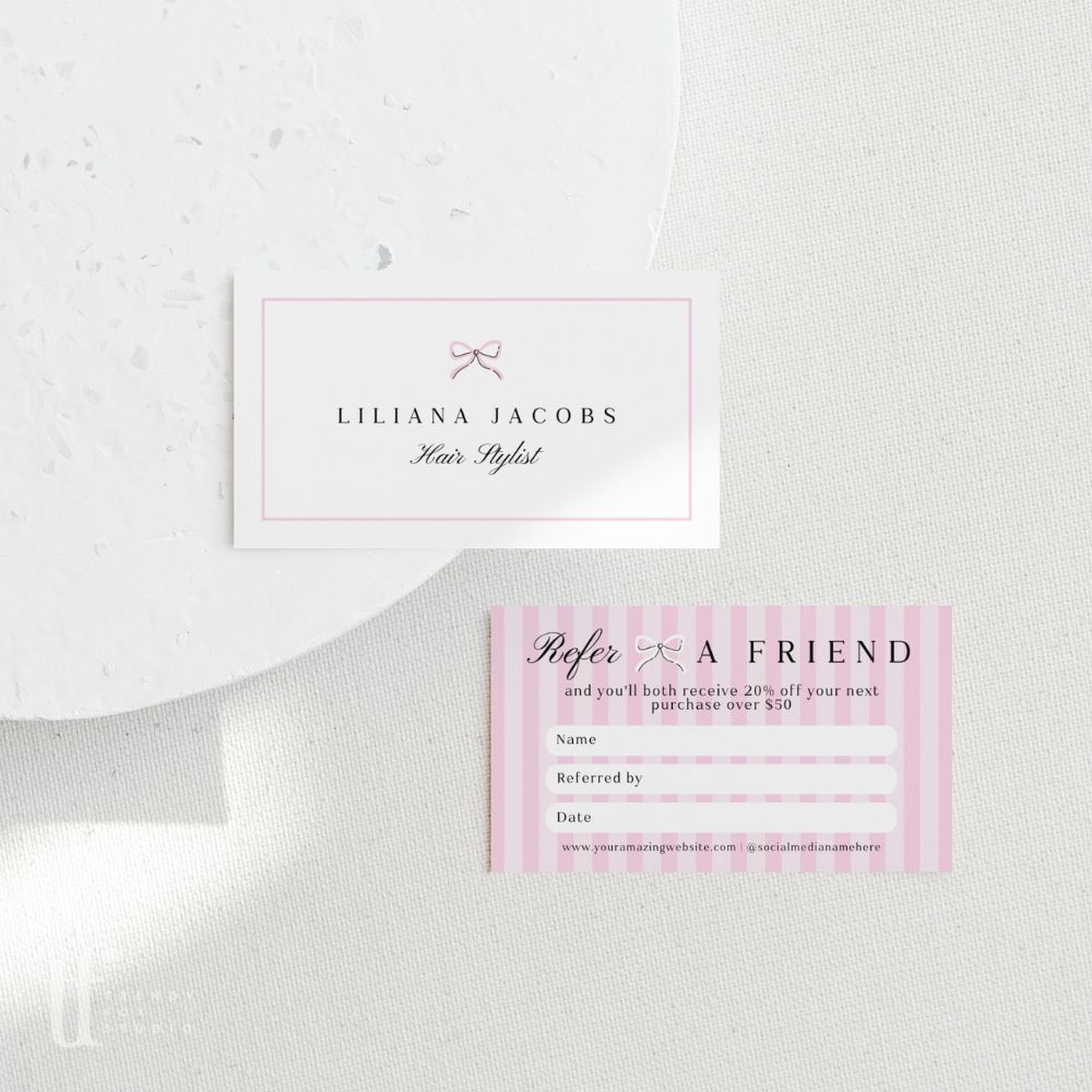 Refer A Friend Discount Card Canva Template | Striped Coquette | Brit - Trendy Fox Studio