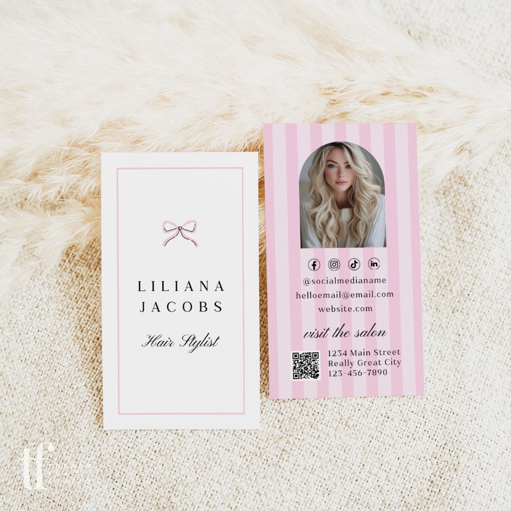 Business Card Canva Template with Photo & QR Code | Coquette Stripes | Brit - Trendy Fox Studio