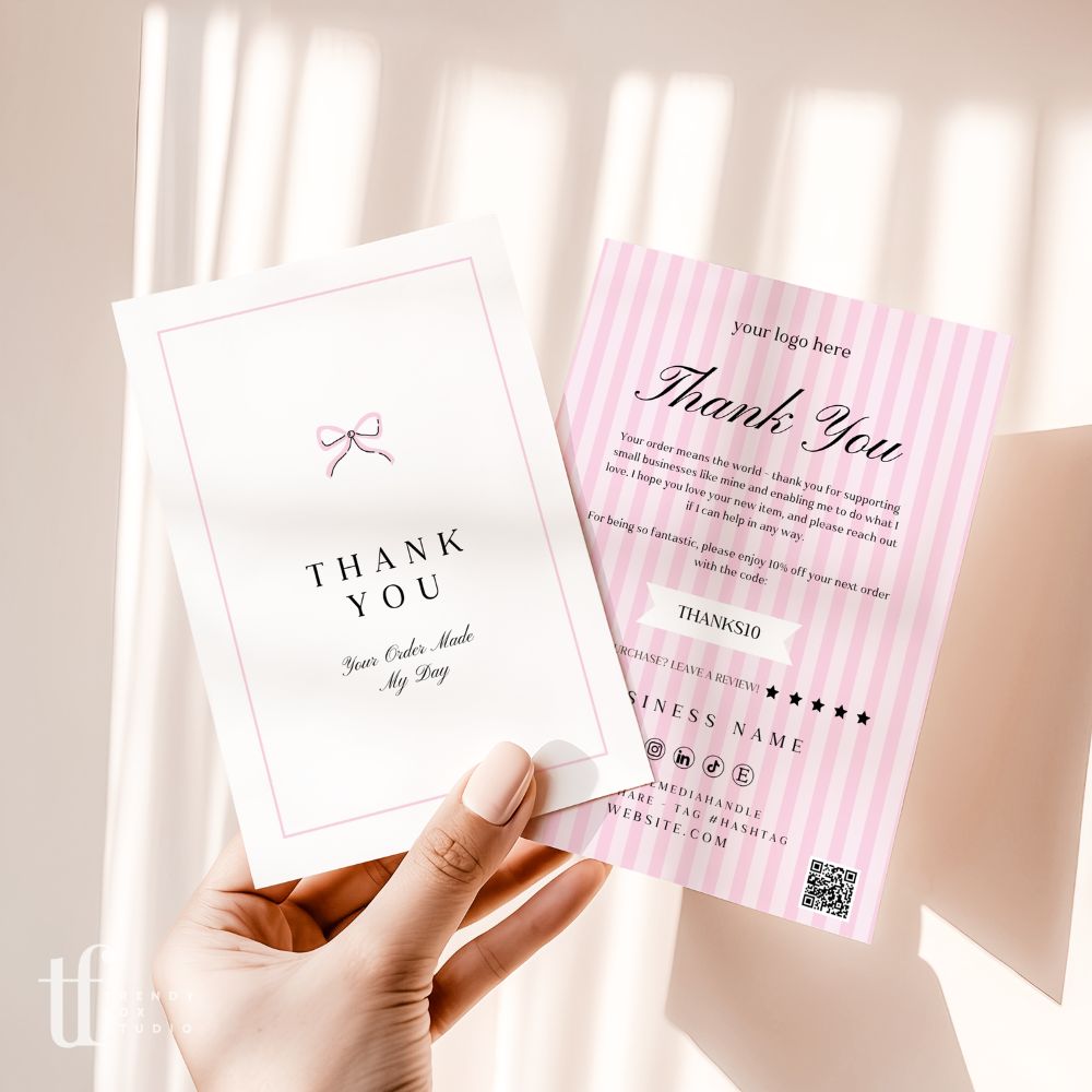 Business Thank You Card Canva Template | Coquette Pink Bows | Brit - Trendy Fox Studio