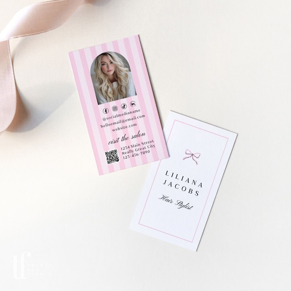Business Card Canva Template with Photo & QR Code | Coquette Stripes | Brit - Trendy Fox Studio
