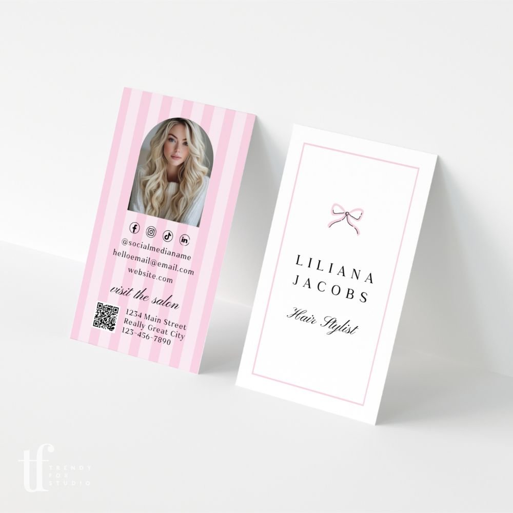 Business Card Canva Template with Photo & QR Code | Coquette Stripes | Brit - Trendy Fox Studio