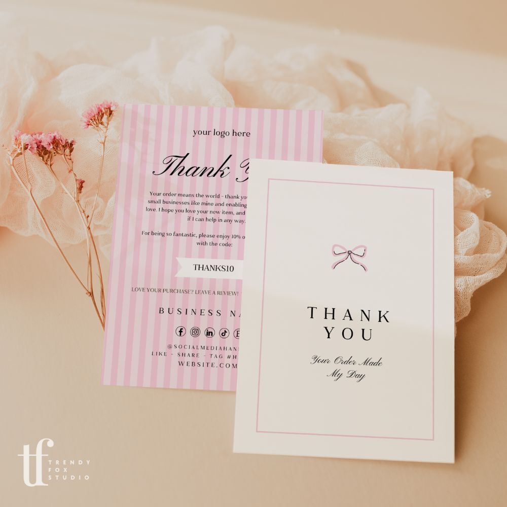 Business Thank You Card Canva Template | Coquette Pink Bows | Brit - Trendy Fox Studio
