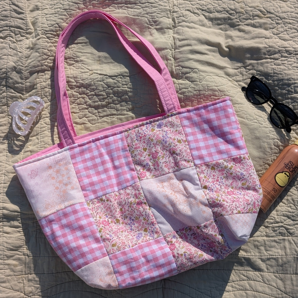 pink floral patchwork tote bag