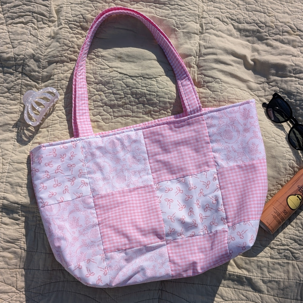 pink floral gingham and bows patchwork fabric tote bag