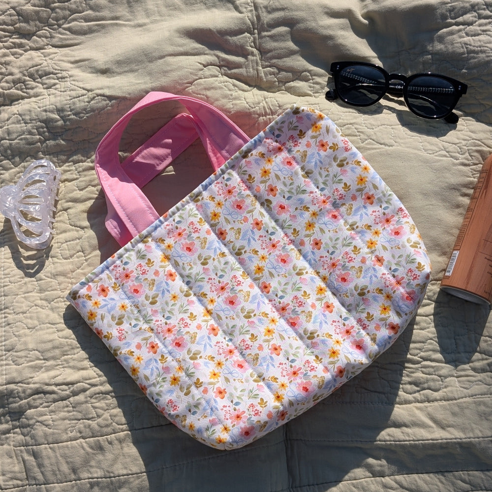 pink floral tote bag with pink straps