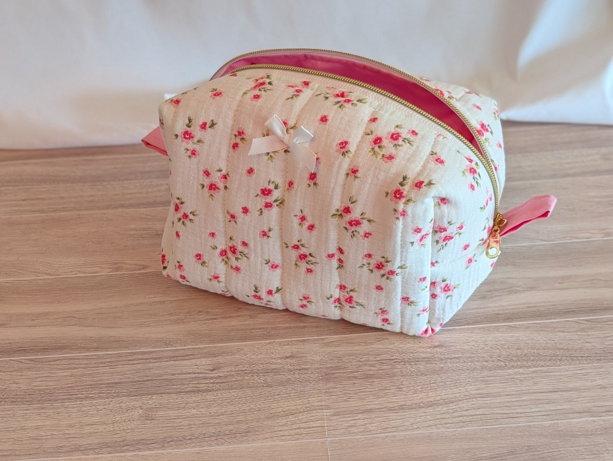 Carry - All Boxy Pouch | White & Pink Rose Gauze - Trendy Fox Studio