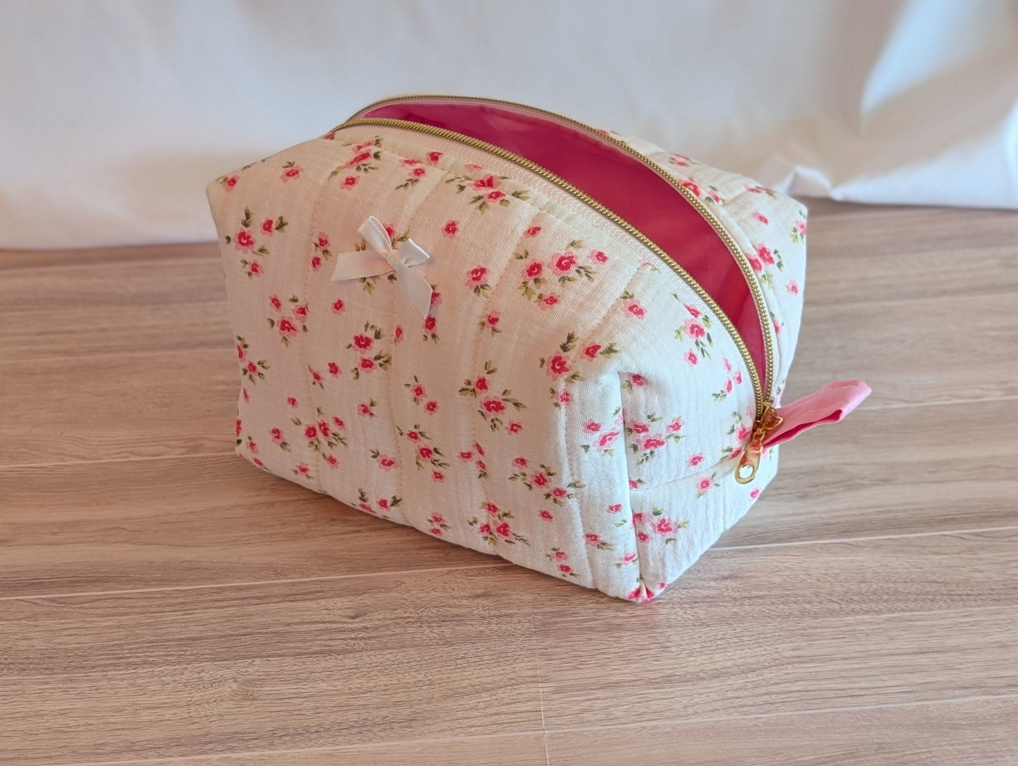 Carry - All Boxy Pouch | White & Pink Rose Gauze - Trendy Fox Studio