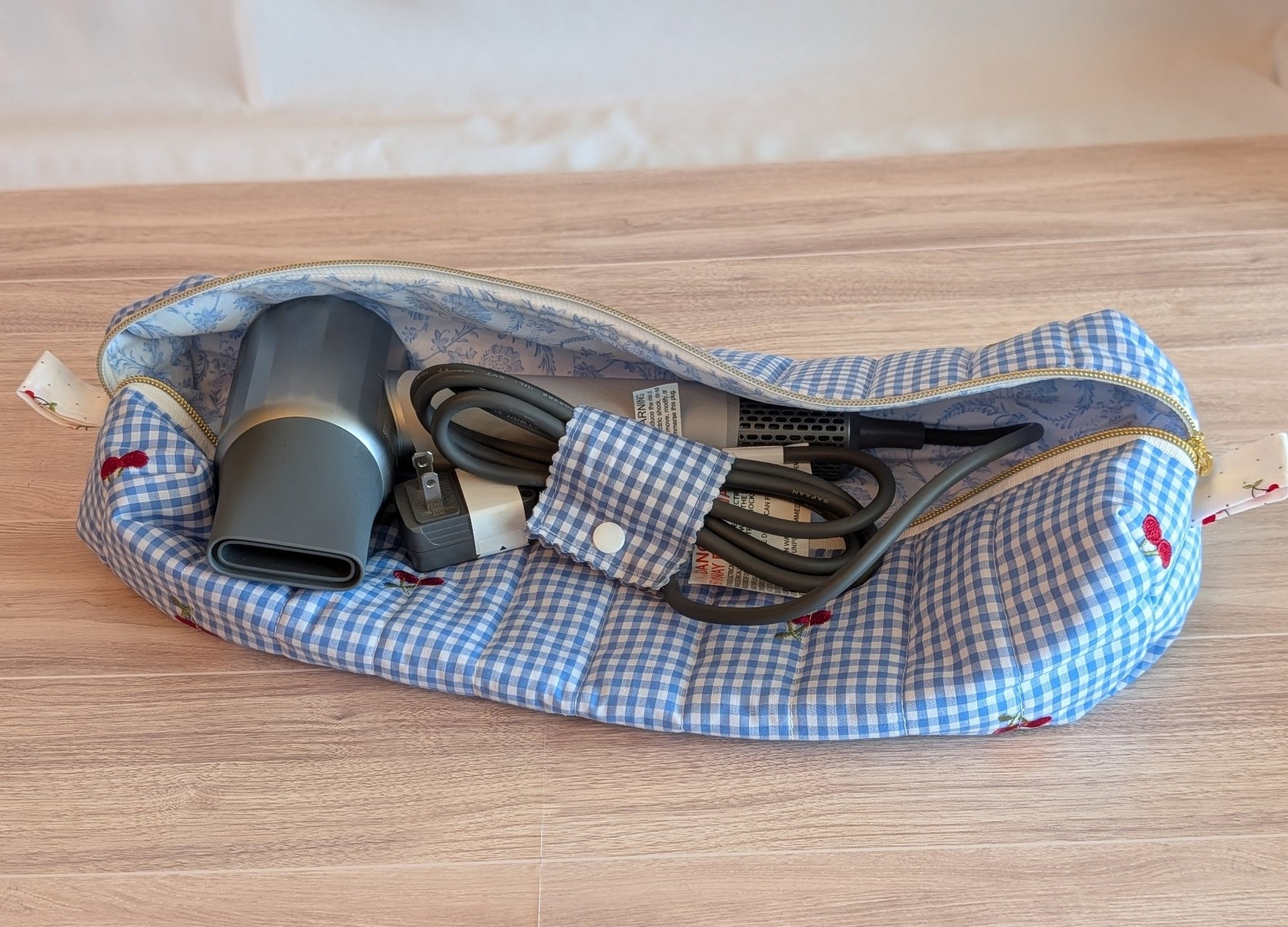Hair Tool Pouch | Cherry Blue Gingham - Trendy Fox Studio
