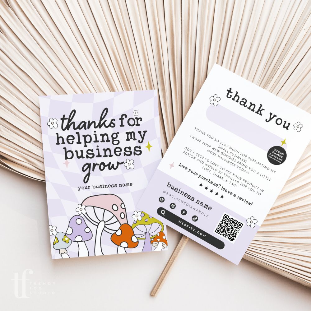 Retro Mushroom Business Thank You Card Canva Template | Customizable | QR Code - Trendy Fox Studio