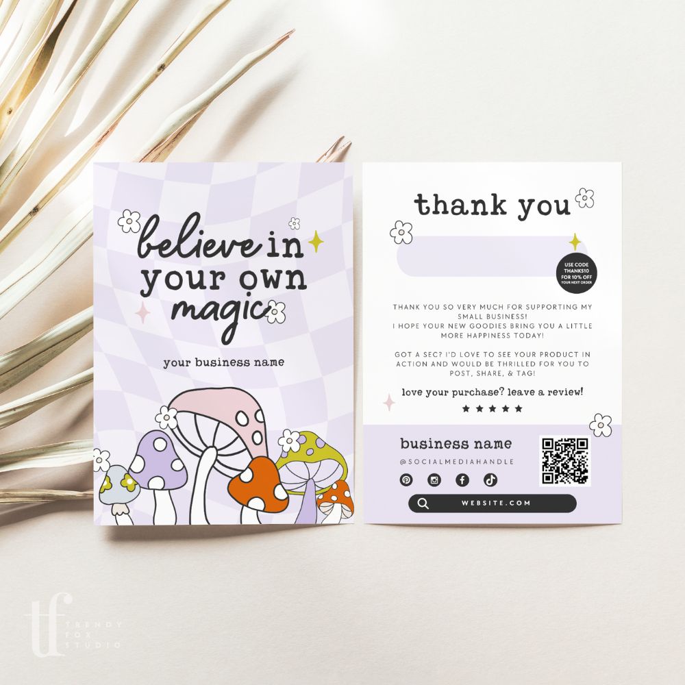 Retro Mushroom Business Thank You Card Canva Template | Customizable | QR Code - Trendy Fox Studio