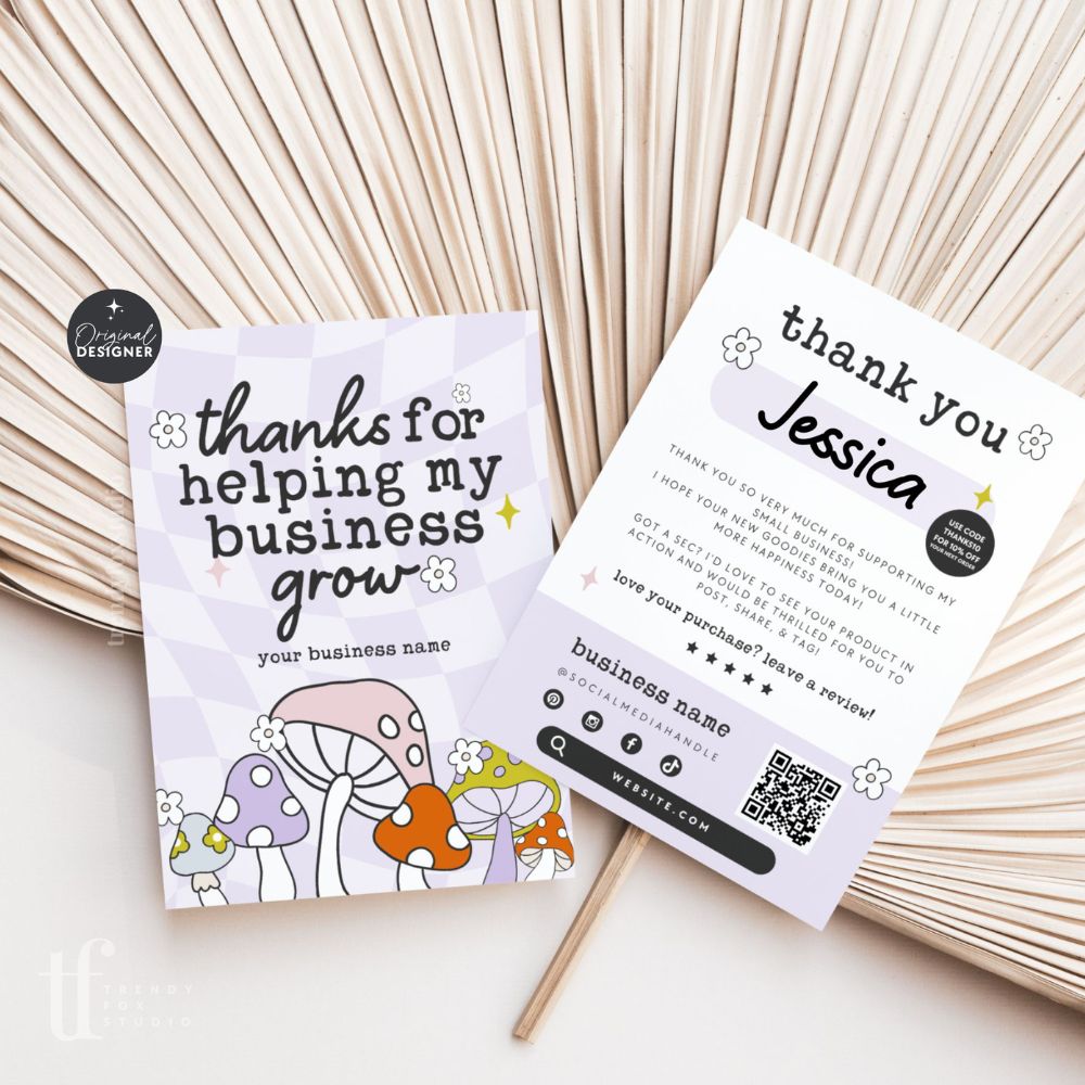 Retro Mushroom Business Thank You Card Canva Template | Customizable | QR Code - Trendy Fox Studio