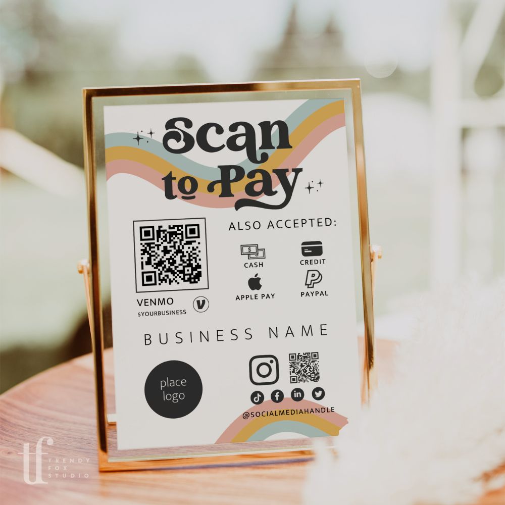 Qr Code Raimbow Retro Rainbow Scan to Pay QR Code Sign, Accepted Payments Sign Canva ...