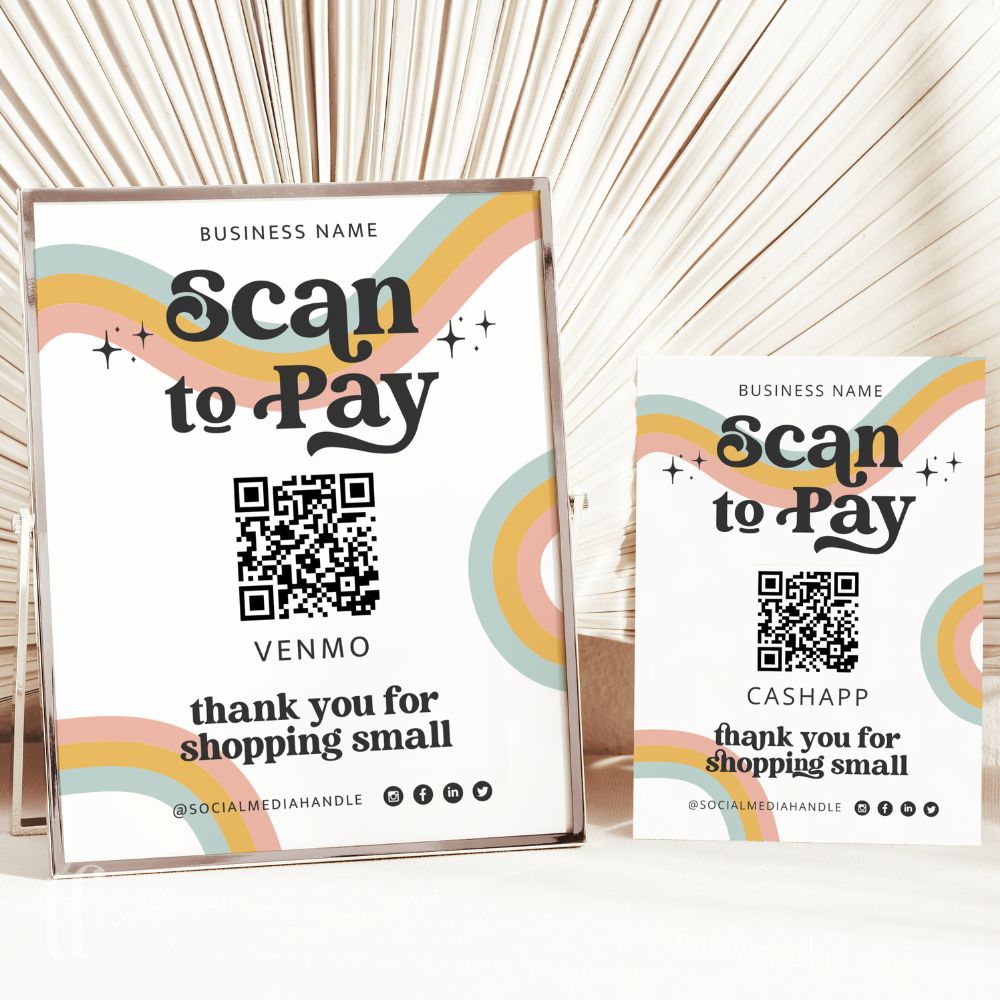 Retro Rainbow Scan to Pay 1 QR Code Sign Canva Template | Dani - Trendy ...