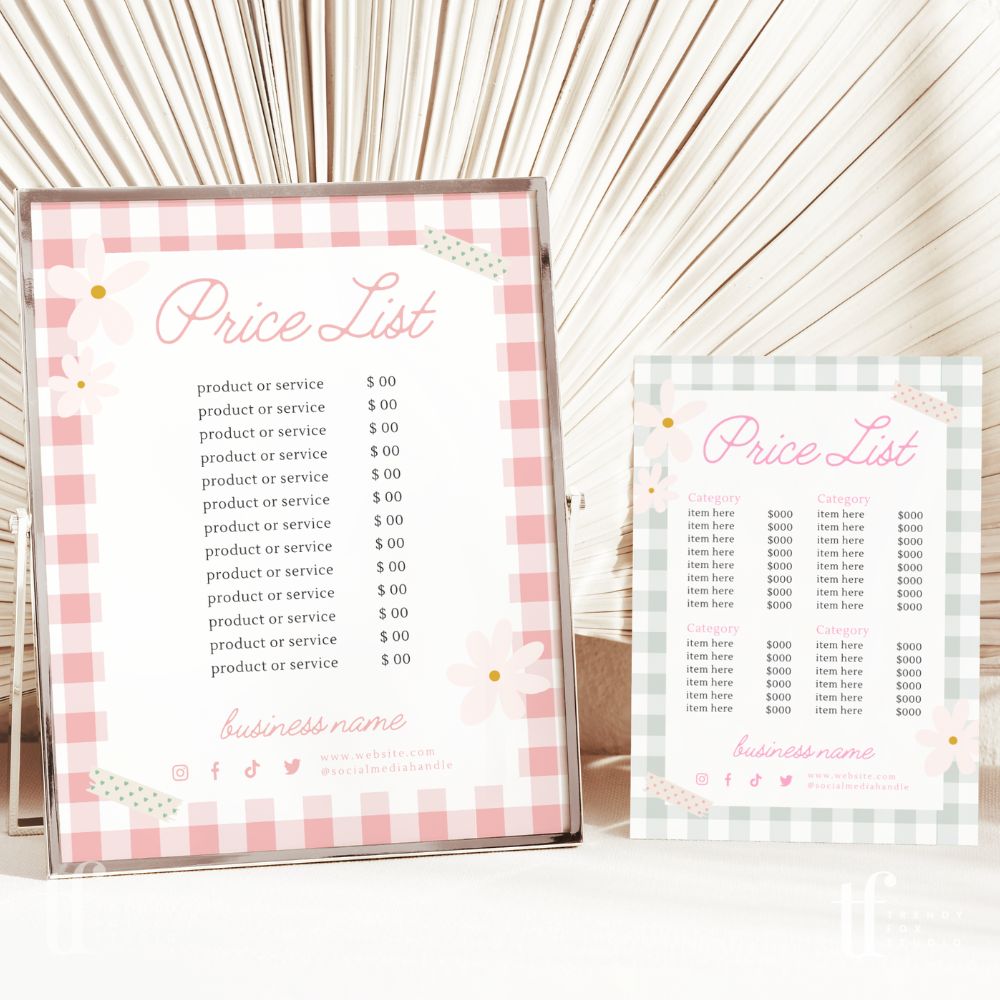 Price List Menu Canva Template | Pastel Preppy Gingham | Carla - Trendy Fox Studio