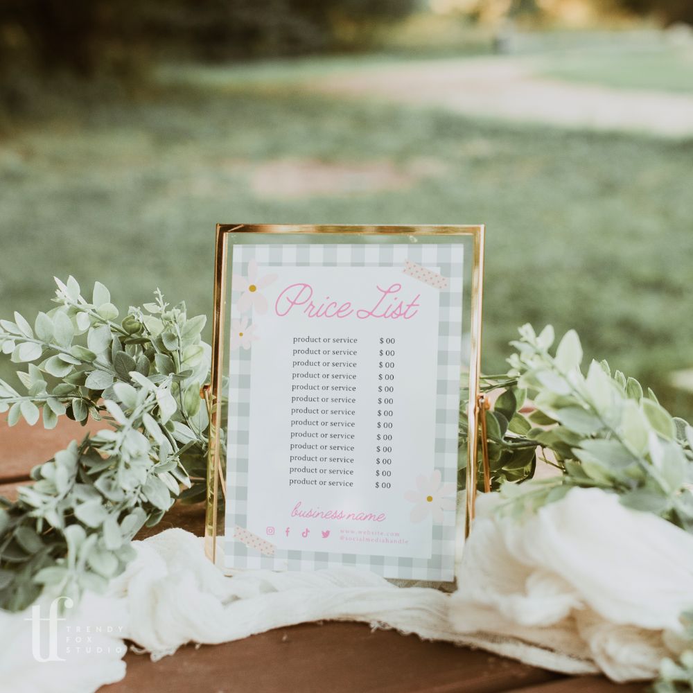 Price List Menu Canva Template | Pastel Preppy Gingham | Carla - Trendy Fox Studio