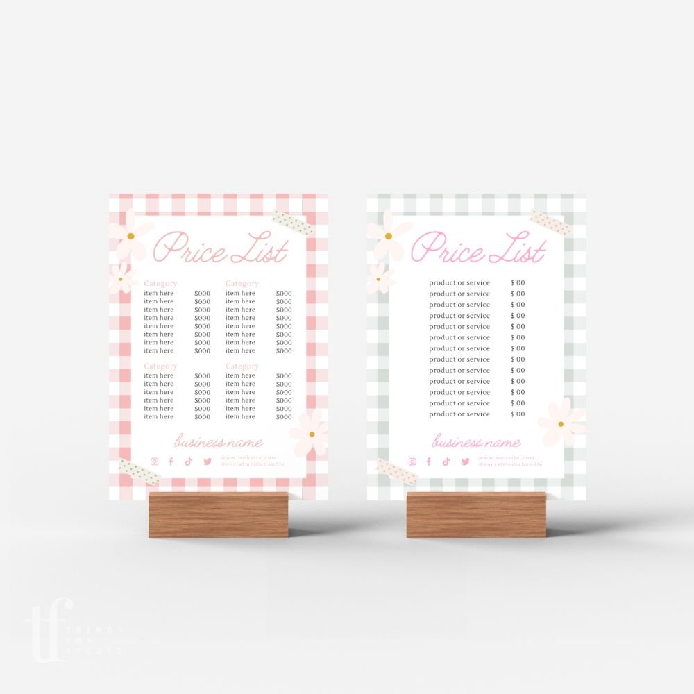 Price List Menu Canva Template | Pastel Preppy Gingham | Carla - Trendy Fox Studio