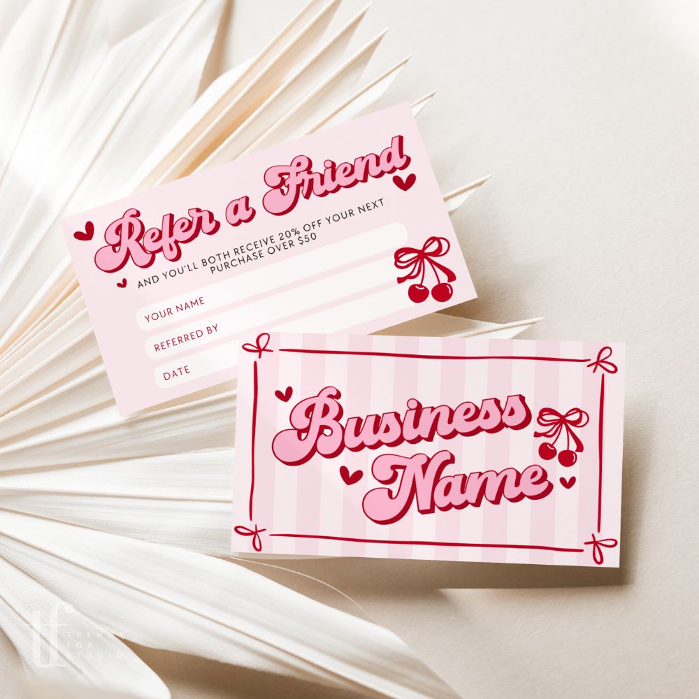 Refer A Friend Discount Card Canva Template | Coquette Cherry - Trendy Fox Studio