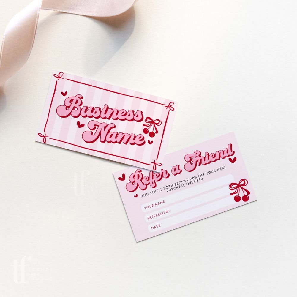 Refer A Friend Discount Card Canva Template | Coquette Cherry - Trendy Fox Studio