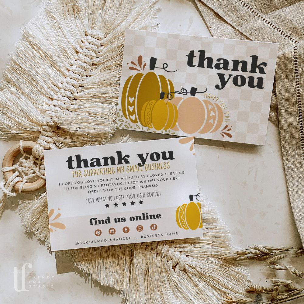 Fall Business Thank You Card Canva Template | Retro Checkered Pumpkin - Trendy Fox Studio
