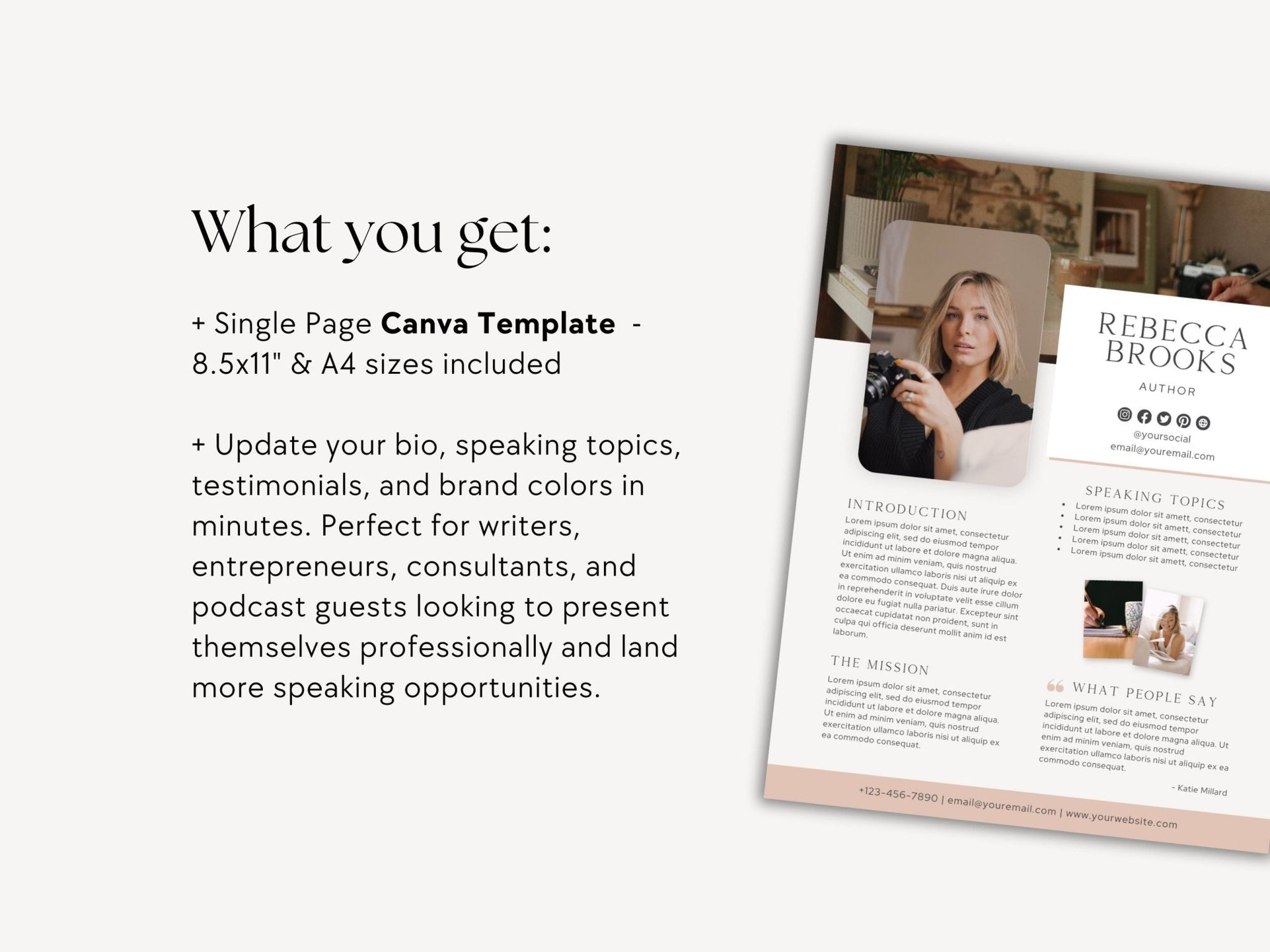 One Sheet Speaker Canva Template | Boho Corporate Speaker Press Kit One Pager | Keynote Speaker, Author, Podcast Guest, Influencer Media Kit Template - Trendy Fox Studio