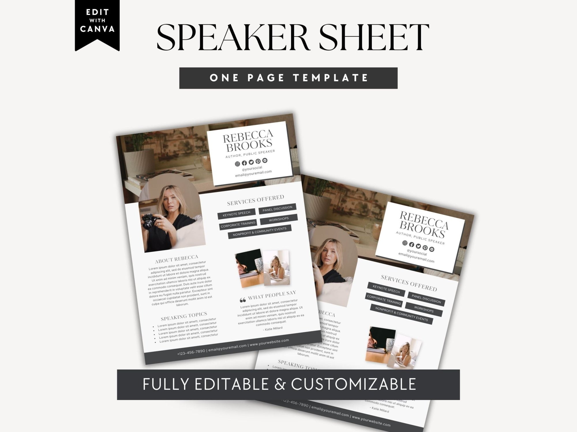 One Sheet Speaker Canva Template | Corporate Speaker Press Kit One Pager | Keynote Speaker, Author, Podcast Guest, Influencer Media Kit Template - Trendy Fox Studio