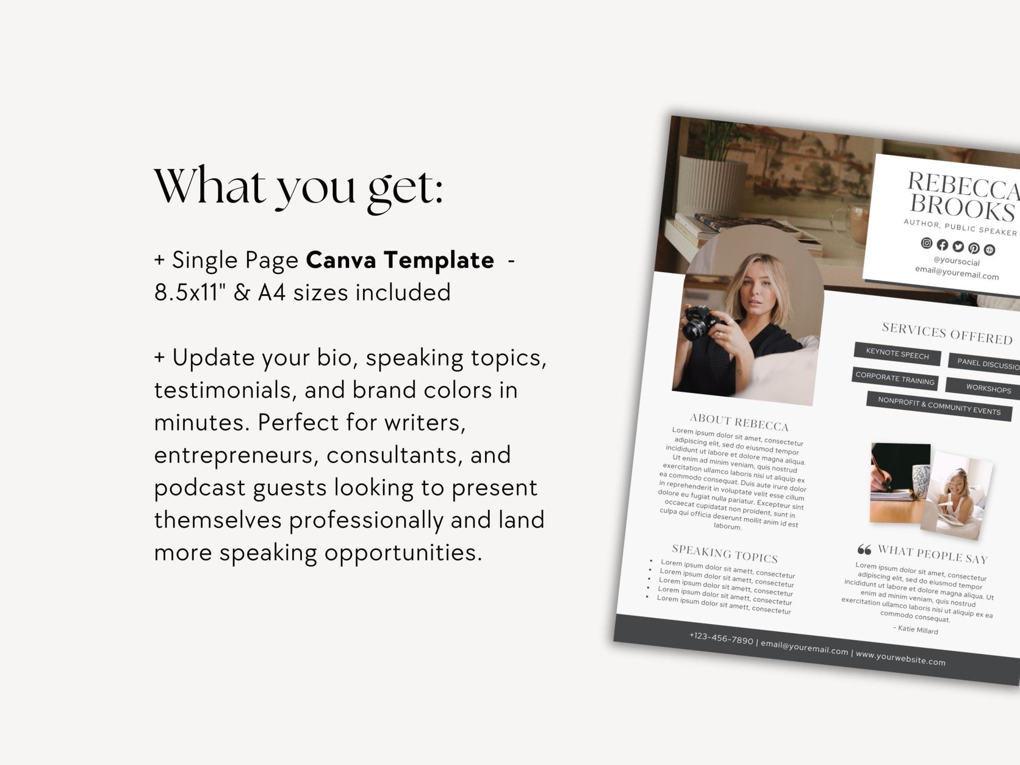 One Sheet Speaker Canva Template | Corporate Speaker Press Kit One Pager | Keynote Speaker, Author, Podcast Guest, Influencer Media Kit Template - Trendy Fox Studio