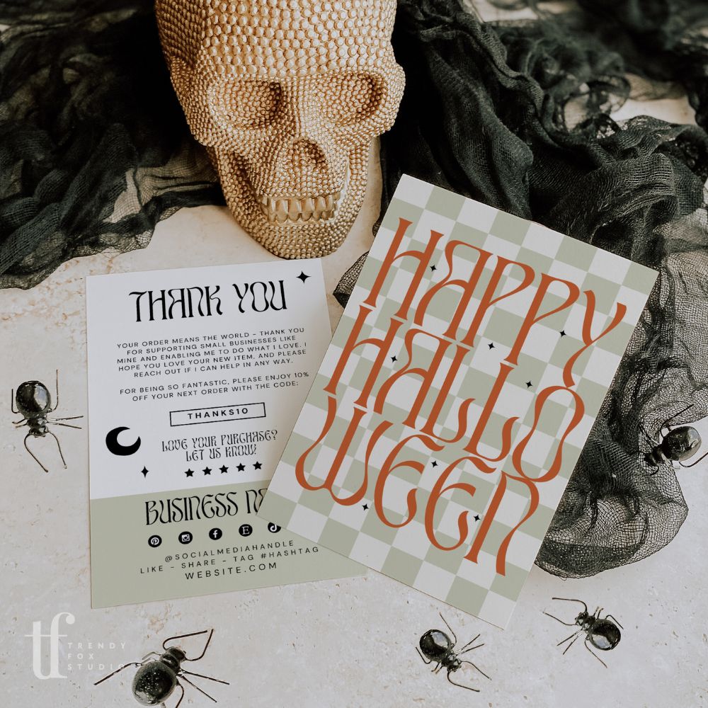 Aesthetic Checkered Halloween Business Thank You Card Editable Canva Template - Trendy Fox Studio