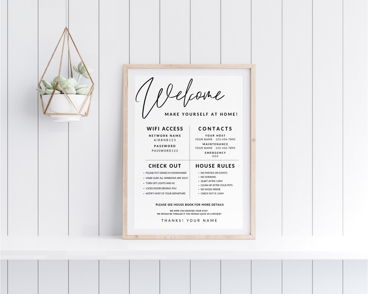 Airbnb Sign Template, 1 Page Editable Welcome Poster, WiFi Password Sign Printable, AirBNB House Rules Signage, Vacation Rental Sign - Trendy Fox Studio